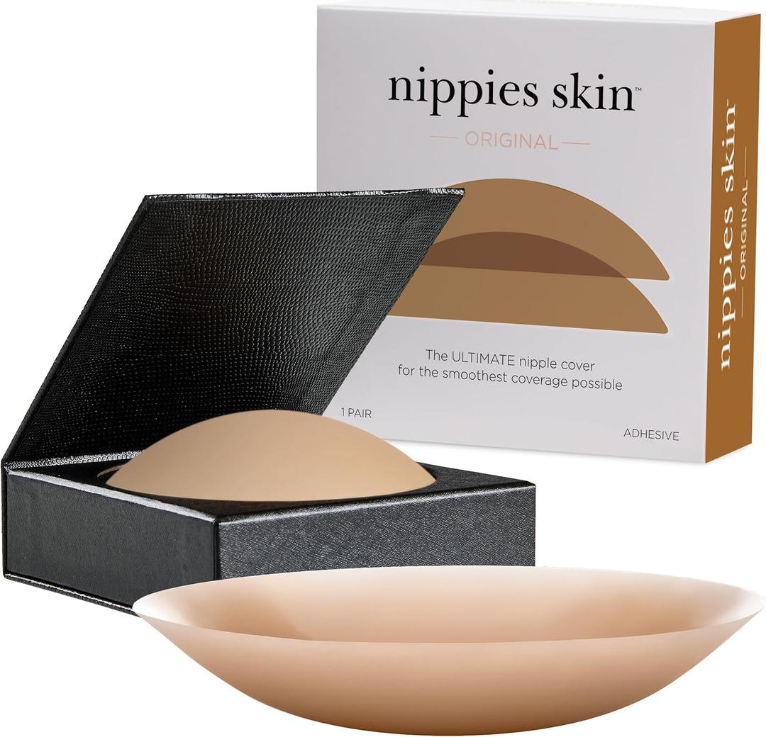 Nippies Nipple Covers for Women - Sticky Adhesive Silicone Pasties - Reusable Pasty Nipple Cover with Travel Box (Size 2 (Fits D+ Cups), Circles Coco)