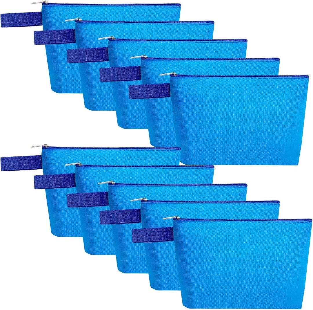 10 Pieces Cotton Canvas Makeup Bag with Bottom and Strap, Multi-Purpose Cosmetic Bag with Zipper Travel Toiletry Pouch, Blank DIY Craft Bag (Blue, S)