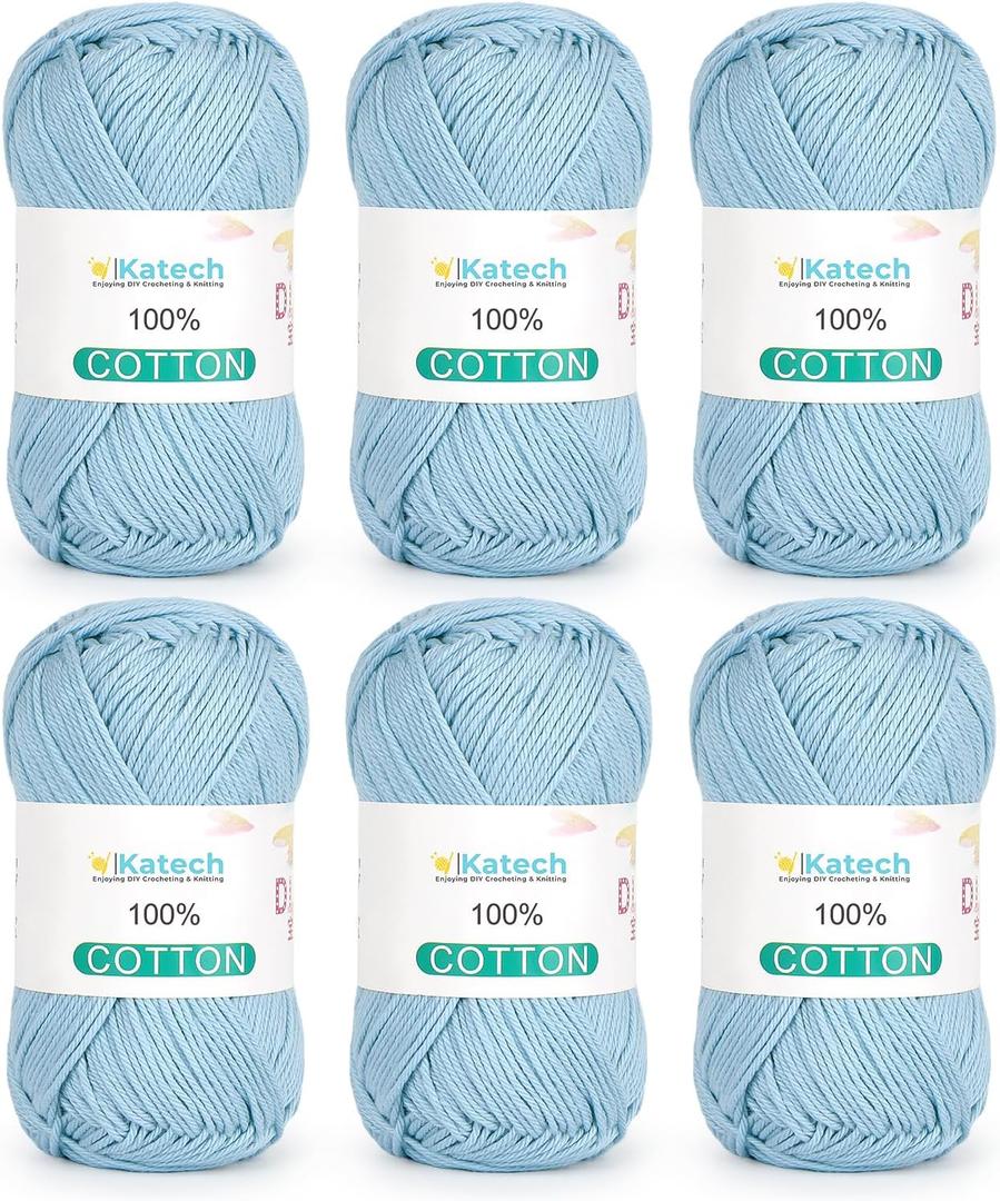 Katech Pure Cotton Yarn for Crocheting & KnittingSoft Sport Weight CYC #2, 6 Skeins (50g Each, 300g Total), Ideal Crochet Yarn for Dishcloths, Baby Clothes, Socks, Lightweight ScarvesLake Blue