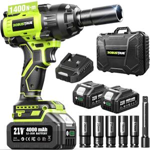 1400N.m (1032ft-lbs) Cordless Impact Wrench, 1/2 High Torque Brushless Impact Gun, 2400RPM Power, 2 x 4.0Ah Batteries, Fast Charger, Impact Wrench for Heavy Duty Truck RV Mower
