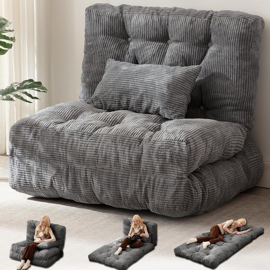 Folding Sofa Bed Twin/Full Floor Couch for Adults Corduroy Tri-Fold Foldable Floor Mattress with Pillow Back Support, Fold Out Sleeper Chair Bean Bag Guest Bed Couch Lounge for Living Room Bedroom (Twin 80x39 Inch, Corduroy Dark Gray)