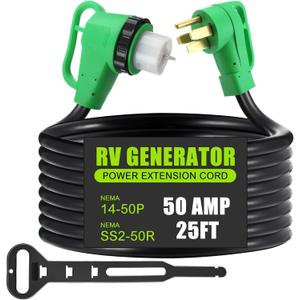 Kanayu 25 FT 50 Amp NEMA 14-50P to SS2-50R RV Generator Cord Extension Cord with 90 Degree Locking Grip Handle, RV Power Cable with Locking Connector, Heavy Duty STW Wire with Organizer