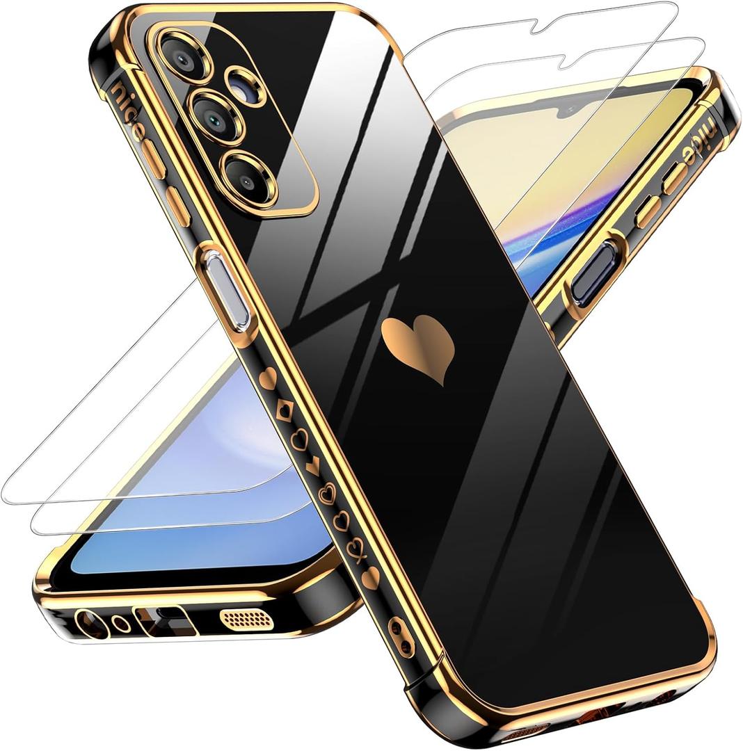 LeYi for Galaxy A15 5G Phone Case: with Tempered Glass Screen Protector [2 Pcs]+ Camera Lens Protection, Love Heart Plating Women Luxury Shockproof Case for Samsung A15, Cute Present for Mom, Black
