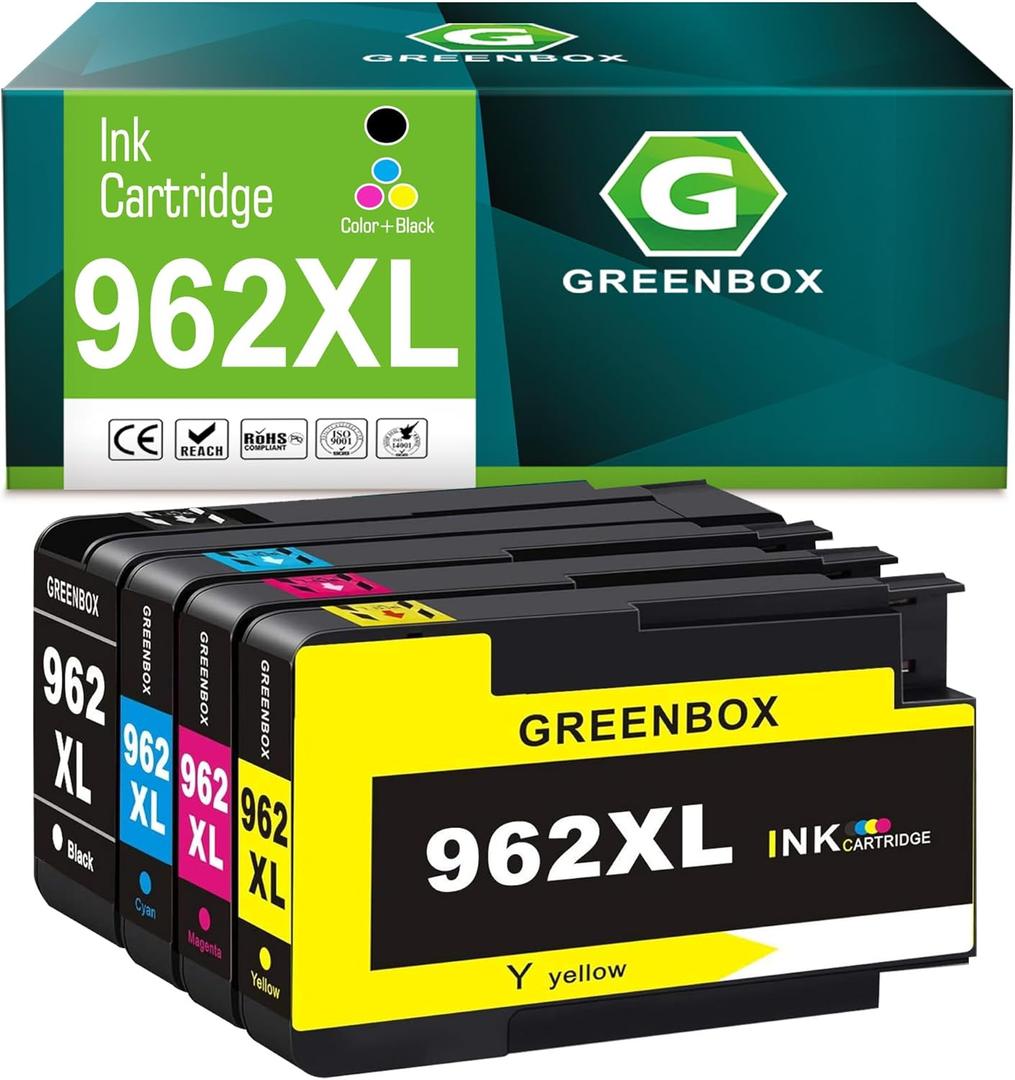 GREENBOX Compatible 962 962XL Ink Cartridge (Latest Chip) Replacement for HP 962 XL Ink Cartridges for OfficeJet Pro 9010 9012 9015 9016 9018 9019 9020 9022 9025 Printer, 4 Pack for 962XL Cartridge