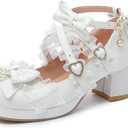 LUXMAX Women's Kawaii Shoes Cross Strap Pumps Cute Ankle Strap Mary Jane Shoes Wedding Lace Mid Chunky Heel Pumps (8, 1-white)
