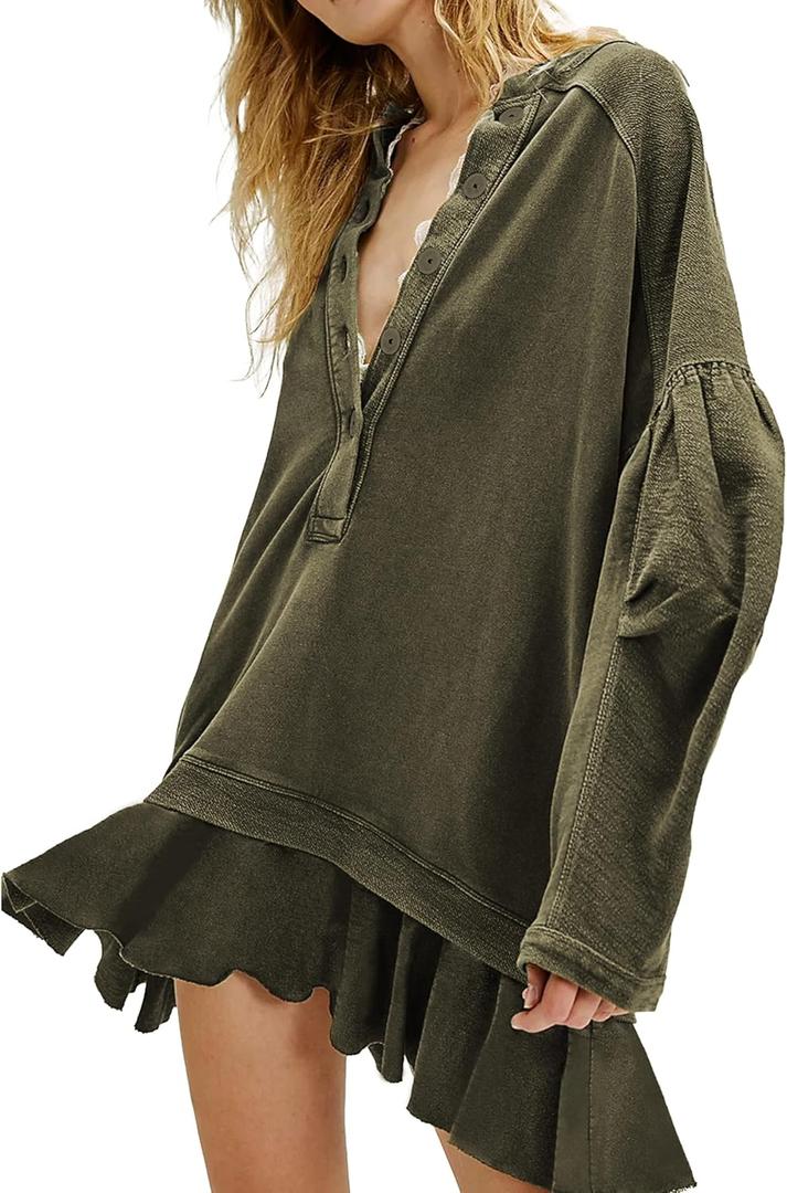 Womens Long Sleeve Pullover Sweatshirt Dress Button Down Oversize Fall Mini Dress(Green-L)