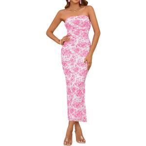 Milumia Women's 2026 Summer Floral Bodycon Maxi Dress Strapless Tube Top Long Dresses Wedding Guest Party, Pink Medium