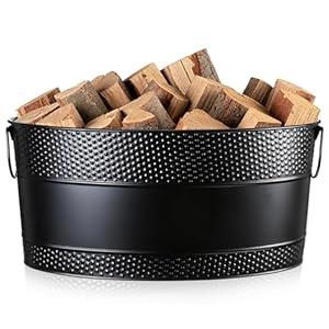Otoolling 1 Pcs Firewood Log Bucket 15.8 Inch Galvanized Tub Fireplace Rack Holder with Handles, Fireplace Wood Storage Decorative Bin for Hearth Indoor Outdoor, Winter Rustic Decor (Black)