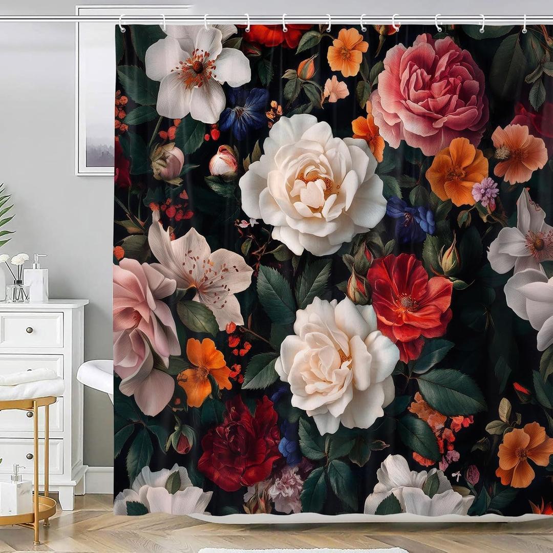 Floral Shower Curtain, Boho Flowers Black Dark Bathroom Decor Shower Curtain Sets, Waterproof Fabric Bathroom Curtain with Hooks, 60 x 72 inch