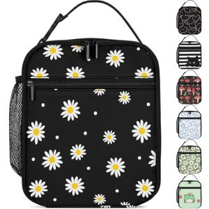 Lunch Box Girls Insulated Lunch Bag for Kids, Black Daisy Flower | Reusable Lunchbox, Lunch Tote Bag, Water Bottle Holder, Leak-Proof Lining, Lightweight, Portable, For School Office Picnic