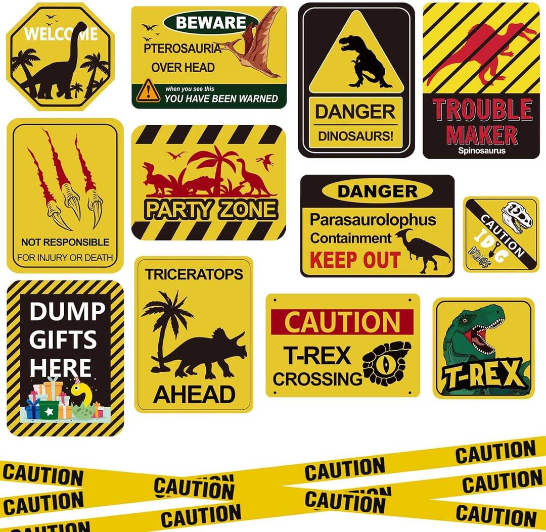 13 pcs Dinosaur Birthday Party Supplies, Party Decorations for Boys Kid Birthday Baby Shower, 11.8 inch Theme Wall Decor Signs With Yellow Caution Tape