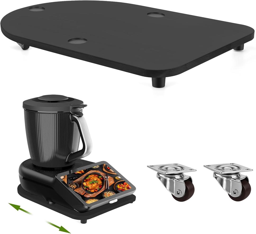 Bamboo Slider for Thermomix TM7 | Countertop Roller Board with Rubber Wheels, Noise-free | Rolling Tray with Non-Slip Feet & Secure-Fit Grooves | TM7 Accessories to Protect Sensitive Scale Black