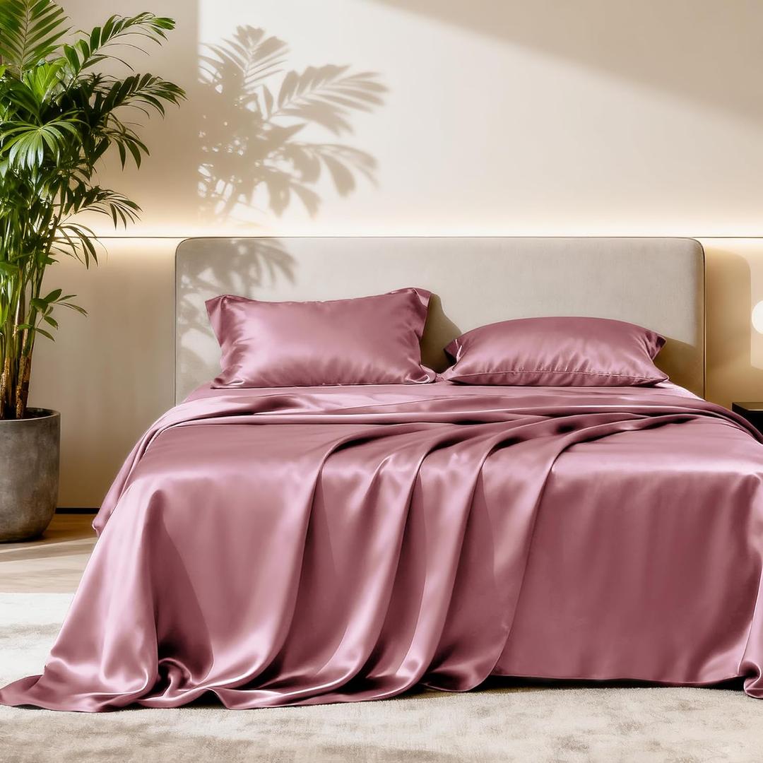 Love's cabin Full Size Satin Sheet Sets - 4 Piece Rose Taupe Silky Sheet Set Full with Deep Pocket, Luxury Silk Feel Bed Sheets Full Bedding Set (1 Flat Sheet,1 Fitted Sheet,2 Pillow Cases)