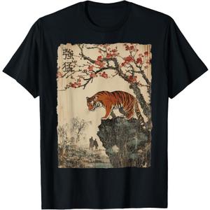 Vintage Japanese Tiger with Cherry Blossoms Tree Woodblock T-Shirt (Small, Black)