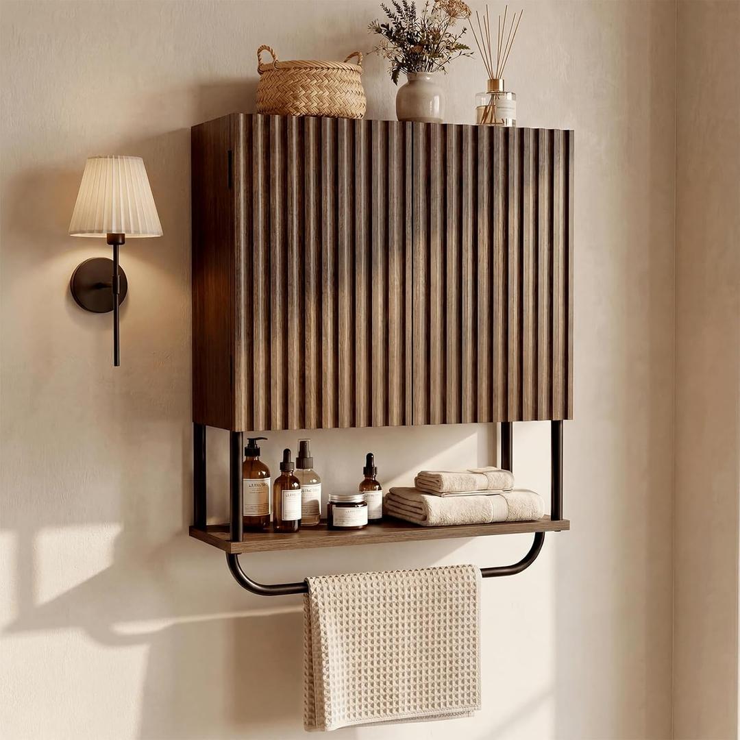 FerniTry Farmhouse Fluted Bathroom Wall Cabinet,3-Tier Curved Profile Wooden Medicine Cabinet with 2 Doors,Over the Toilet Storage Cabinet Walnut Wall Mounted with Adjustable Shelf and Towel Bar