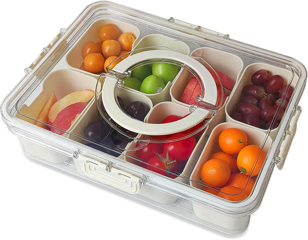 Snackle Box Container 8-Section,Clear Divided Tray w/Secure Lid & Handle,Perfect Organizer for Fruits, Veggies, Candy & Charcuterie,Dishwasher Safe,Ideal for Travel, Parties & Picnics!(1)