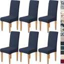 Dioxide Stretch Chair Covers for Dining Chairs, Washable Dining Chair Covers Set of 6, Soft Kitchen Chairs Seat Covers, Jacquard Parson Chair Slipcover Protectors for Home Hotel Restaurant Banquet (Navy Blue)