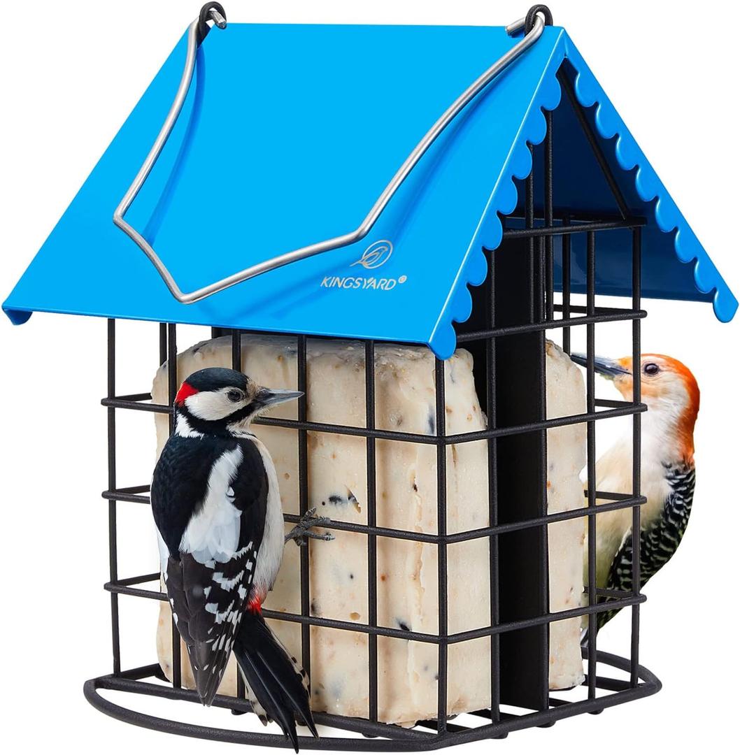 Kingsyard Double Suet Bird Feeder with Weatherproof Roof & Perch, All Metal, Suet Cakes Cage Bird Feeder for Outdoors Hanging, Easy to Clean & Refill, Blue