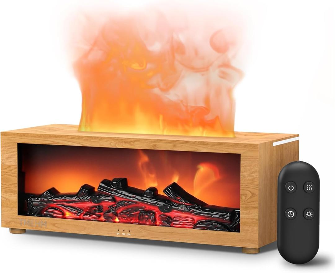TMEHM Fireplace Flame Air Diffuser Humidifier,7 Colors Aromatherapy Essential Oil Diffuser,Ultrasonic Aroma Humidifier with Timer for Home,Bedroom,Office,Yoga (Light Wood Grain)