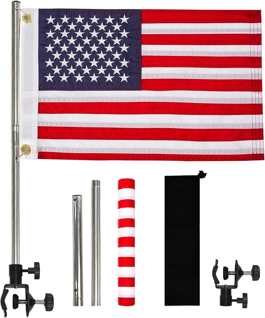 American Boat Flag Pole Kits Marine 16x24, Stainless Steel Boat Flag Pole with 1x Storage Bag, Adjustable Flagpole Holder with 50 Embroidered Stars American Flag Boat Accessories