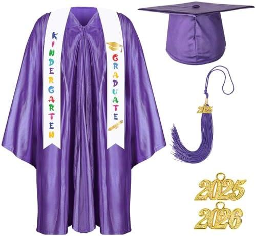Foaincore 2025 Year Preschool and Kindergarten Graduation Gown Cap Tassel Set with 2025 Charm Printed Stole Grad Gift (Purple, 30)