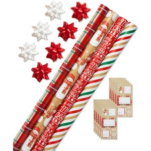 American Greetings Christmas Wrapping Paper Set, Red and Tan Brown Holiday Gift Wrap (120 sq. ft., 4 rolls-30 in. x 12 ft., 7 Adhesive Bows, 30 Gift Tag Stickers) Plaid, Stripes, and Snowmen