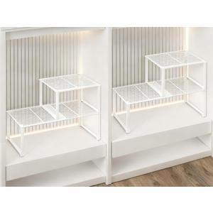 HGZBS Extendable Metal Wire Shelf Organizer - Adjustable 15-24.4in Length, Stackable Storage Rack for Kitchen/Pantry/Bathroom/Shoe Cabinet/Tool Closet (4, White)