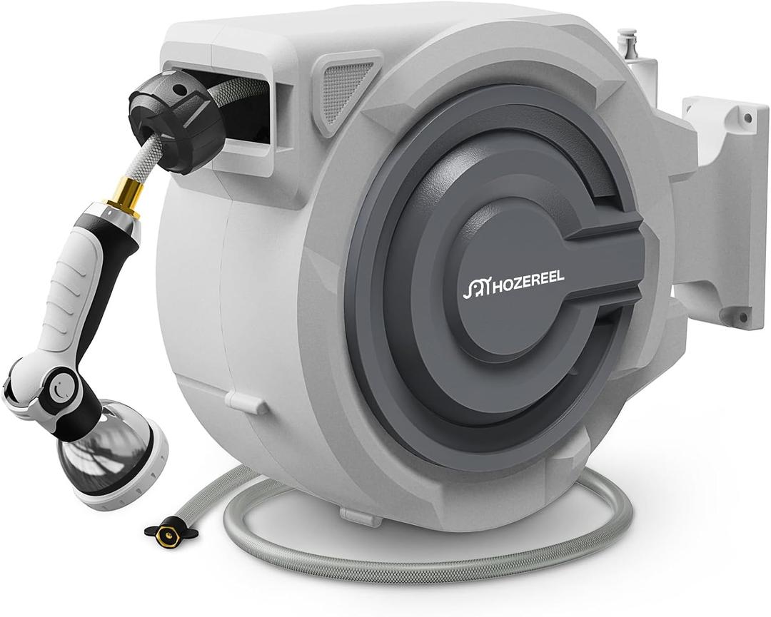 110 FT Retractable Garden Hose Reel by HOZEREEL, Outdoor Garden Hose Reels 1/ 2" - Automatic Self Retract Wall Mount Hose Reel Enclosed Storage, Any Length Lock, 10 Pattern Nozzle-Grey