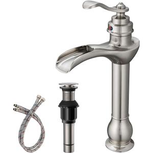 BWE Vessel Sink Faucet Waterfall Brushed Nickel with Pop Up Drain Assembly and Supply Hose Single-Handle Single Hole Bathroom Faucet Lavatory Mixer Tap Tall Body