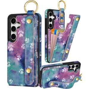 Petitian for Samsung Galaxy S25Plus/S24 Plus Case with Wallet - Women Girls Cute Girly Aesthetic Unique Design with Leather Credit Card Holder Cardholder Stand Wristband, Paw Purple