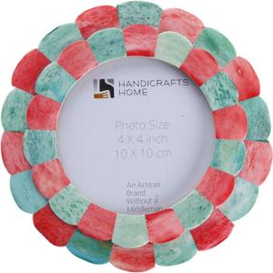 Handicrafts Home Scalloped Bone Inlay Picture Frame 4x4  Handmade Round Decorative Photo Frame, Red & Green Boho Desk & Shelf Decor, Vintage Style Small Frame for Nursery, Home Styling & Gift