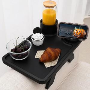 Nnewvante Couch Cup Holder,3 in 1 Large 15.36"x9.85" Bamboo Couch Arm Table Sofa Arm Clip on TV Tray Table with 360Rotated Phone/Cup Holder, Black