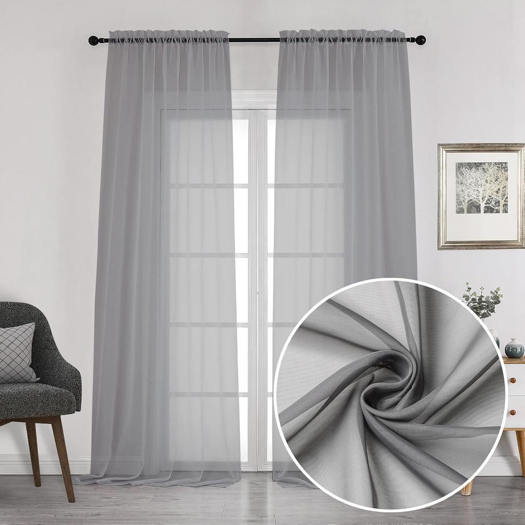 Chyhomenyc Charcoal Grey Sheer Curtains 108 Inch Length 2 Panels, Extra Long Light Filtering Solid Voile Window Drapes for Patio/ Living Room/ Wedding/ Party Ceremony, 2 Panels, 9FT Length