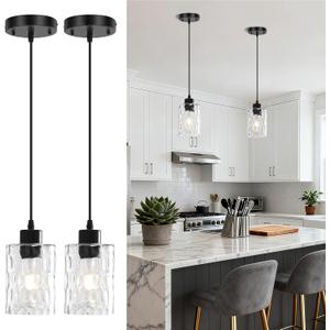 2 Pack Black Pendant Lights Kitchen Island, Adjustable Modern Glass Pendant Light Fixtures Hanging Light Fixture with Hammerde Glass Shade for Bedroom Dining Room Living Room Entryway