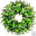 Sggvecsy 17.7’’ St. Patrick's Day Shamrocks Wreath for Front Door with 30 Green Lights Artificial Greenery Clover Wreath for Irish St. Patrick's Day Decoration Wall Window Outdoor Indoor Home Decor