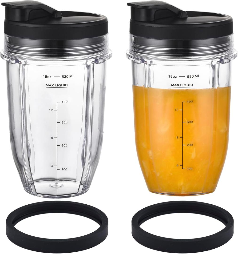 [Upgraded] Replacement 18oz Cups for Nutri Ninja Blenders, Blender Replacement Parts with Upgraded Lid For Auto-IQ BL480, BL482, BL490, BL640, BL642, & BL680 Auto IQ Series Blenders., 2 Pack