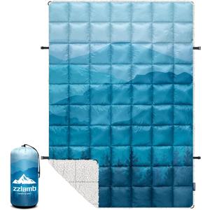 zzlamb Sherpa Puffy Camping Blanket,Packable Outdoor Warm Wearable Fleece Blankets for Cold Weather,Thick Camp Quilt with Sherpa Lining for Sleeping,Traveling,Backpacking,Picnics,Beach,Stadium 52x75in (Cyan Ridge Fade)