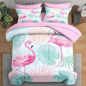 Comforter Set Queen Size, Tropical Flamingo Pink 7 Pcs Bedding for Kids and Adults, Hawaii Palm Plant Summer Bed Sheet Sets with Fitted Sheet 2 Pillowcase & 2 Sham for Bedroom Bed Decor