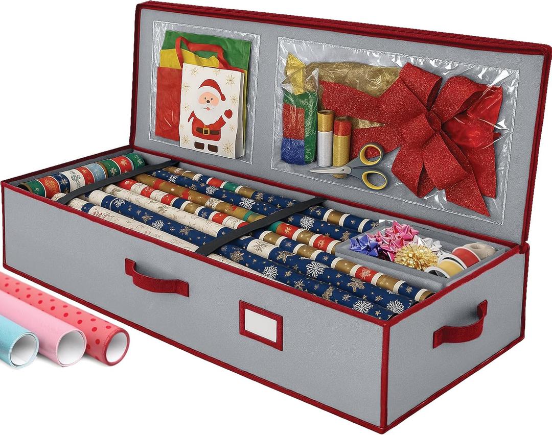 Christmas Wrapping Paper Organizer Storage, with Straps & Pockets, Gift Wrap Organizer Bag for Christmas Decorations, Fits Upto 24 Rolls, Underbed Storage for Holiday Decoration, (Gray)