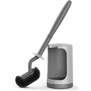 HAMITOR Toilet Bowl Brush Holder Set: Curved Design with Holder for Deep Cleaning Under Rim - Compact Hidden Scrubber for Small Space - Modern RV Bathroom Accessories - Gray