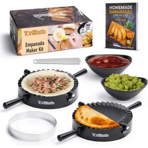 Tortillada Large Empanada Maker Mold Kit (6 Inch) / Set of 7 pieces incl. Recipe Book, Ceramic Dip Bowls, Cookie Cutter, Knife