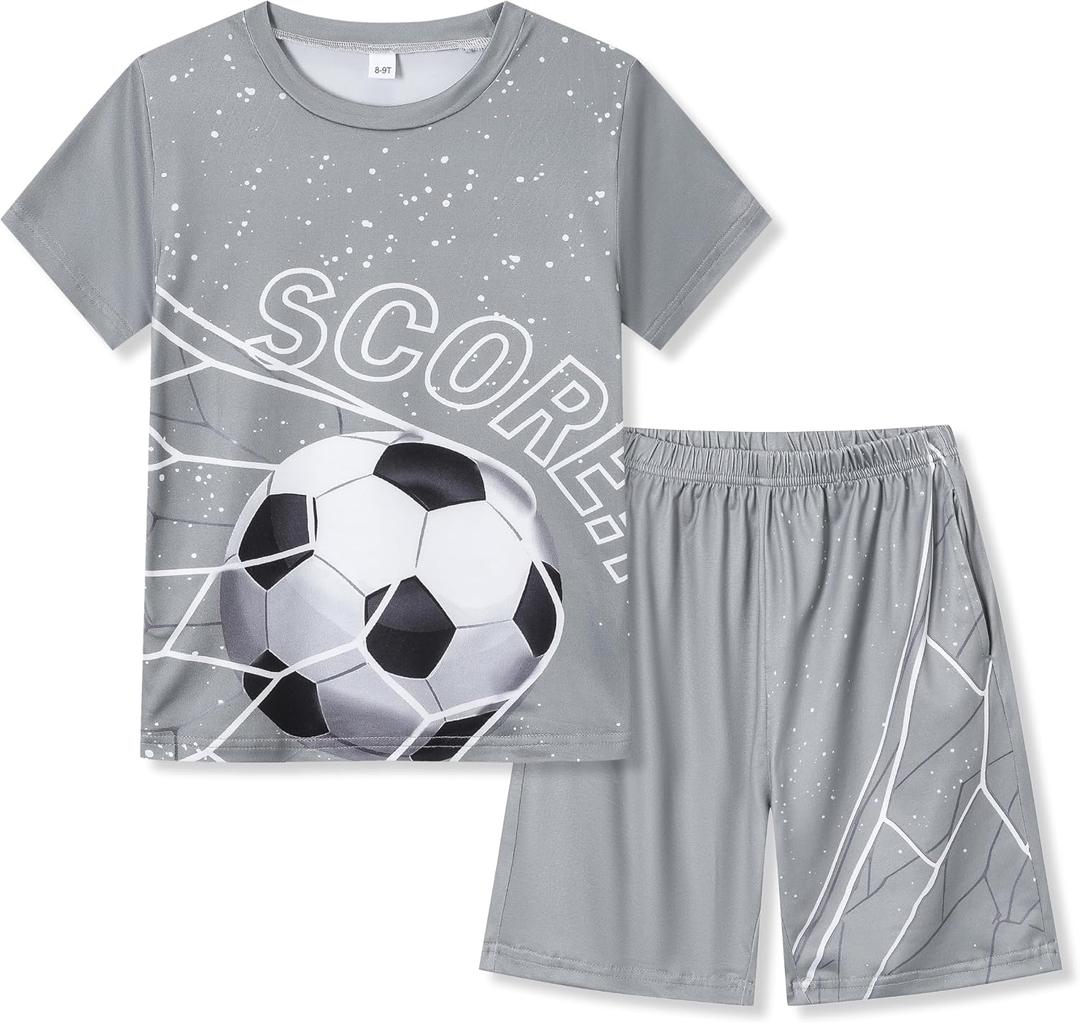 Ayzozuy Tween Boys' 2-Piece Soccer Graphic Outfit Set Summer Casual Crewneck T-Shirt & Shorts Sizes 8-14 (Green)