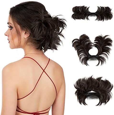 1 Pack YOUNGWAYS Messy Bun Hair Piece Side Comb Clip in Hair Bun Hairpiece for Women Short Natural Straight Versatile Adjustable Styles Easy Hair pieces (Black Brown-S)