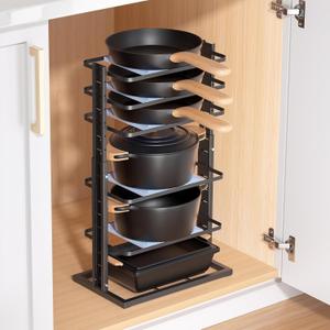 LAMU Pots and Pans Organizer for under Cabinet6-Tier Heavy Duty Adjustable Pan Pot Organizers inside Cabinet, Pot Rack for Kitchen Cabinet Organization and Storage Black