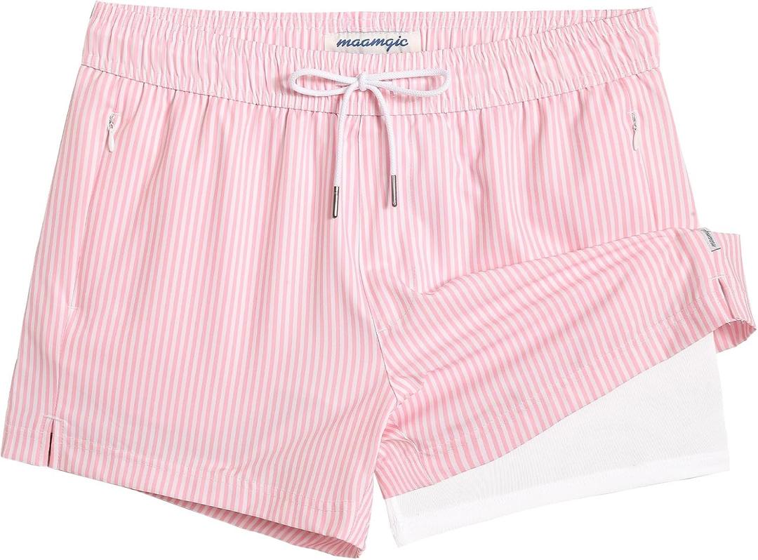 maamgic Mens Swim Trunks with Compression Liner Short Stretch Mens Bathing Suit Quick Dry Swimming Trunks Swimsuit (Large, Stripe Pinkwhite)