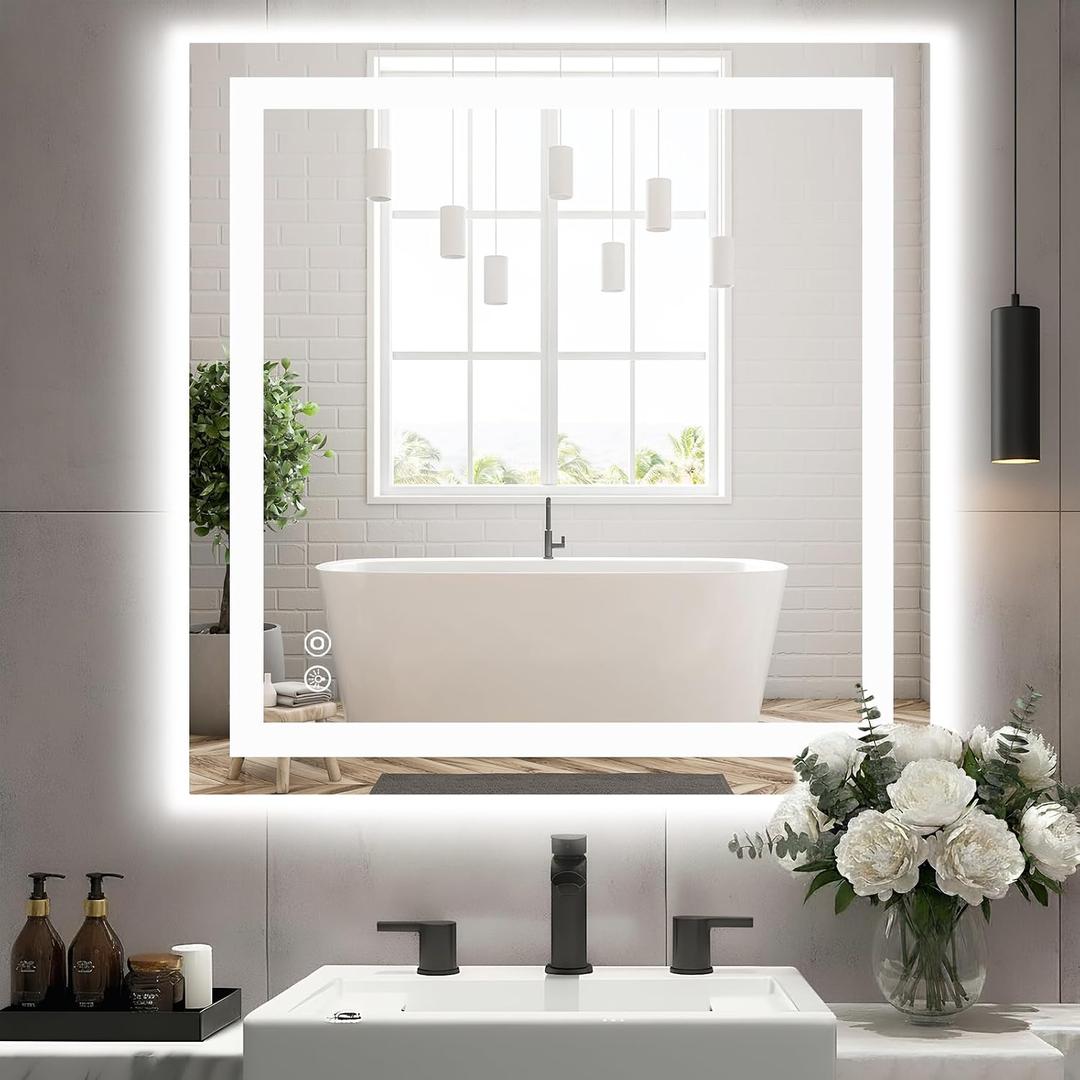 Sweetcrispy 36“ x 36” LED Bathroom Mirror, Smart Lighted Vanity Mirror for the Bathroom with Lights and 3 Color Temperatures, Anti-Fog, Dimmable, Memory Function