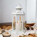 JHY DESIGN Rustic Decorative Lanterns 12" H Medium Candle Lantern Vintage Metal Candle Holder for Indoor Outdoor, Events, Parities, Patio and Wedding(White with Gold Brush)