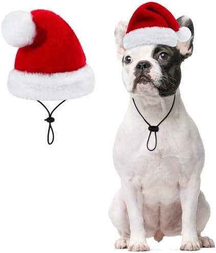 Queenmore Dog Santa Hat, Dog Christmas Hat, Soft Plush Christmas Headwear for Dogs, Funny Festive Red & White Santa Claus Costume for Small Medium Large Dogs with Adjustable Band, M