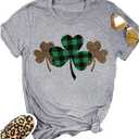 Ykomow St Patricks Day Shirts Womens Short Sleeve Leopard Clover Graphic Tees (XL, Grey) (XL)