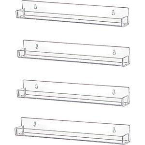 IEEK 4 PCS Floating Invisible Kids Bookshelf Wall Mounted Nail Polish Rack,Clear Acrylic Picture Ledge Vinyl Record Display Shelf Nail Polish Holder with Removable Anti-Slip End Inserts,15 inch, 4 Pack